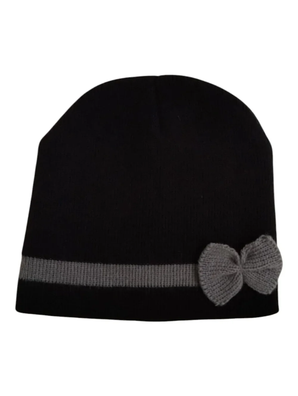 Girls Black & Gray Knit Stripe Beanie Hat with Bow Accent, One Size
